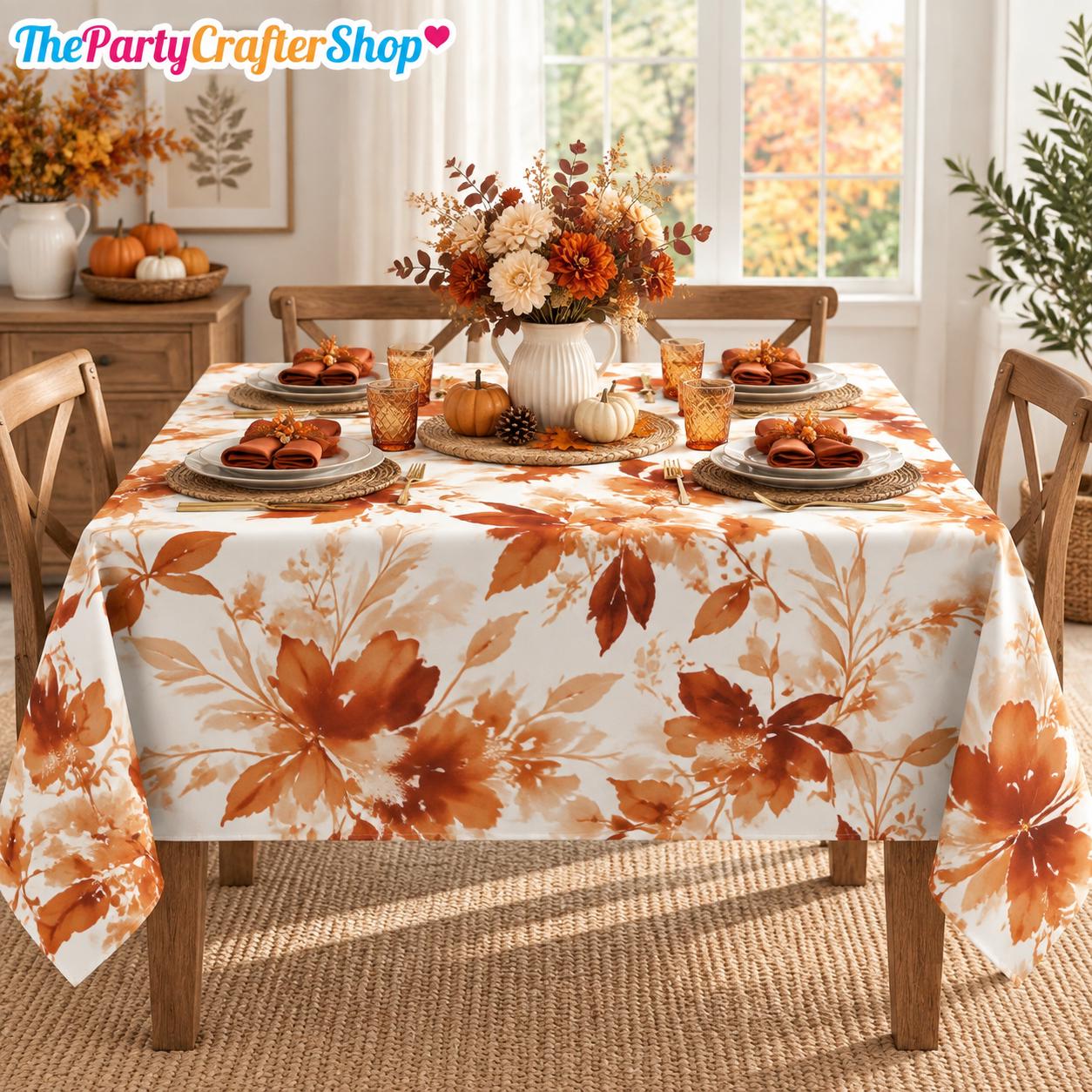 Burnt Orange Watercolor Floral Tablecloth, 54 Inch Square, Stain Resistant Polyester