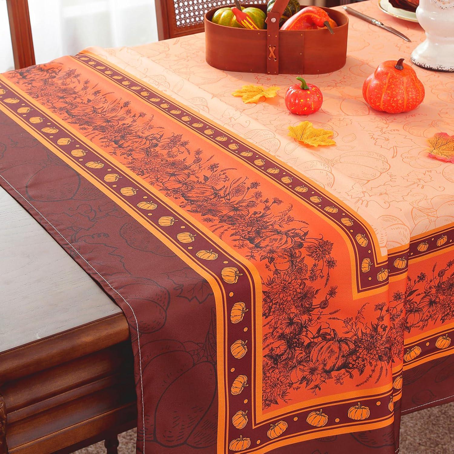 Orange Brown Pumpkin Print Tablecloth, Wrinkle Resistant Fall Harvest Decor (60x84 Inch)