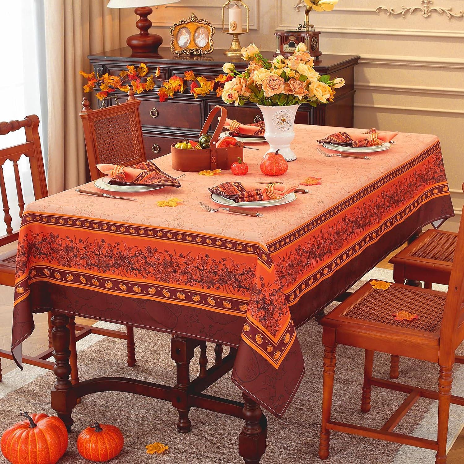 Orange Brown Pumpkin Print Tablecloth, Wrinkle Resistant Fall Harvest Decor (60x84 Inch)