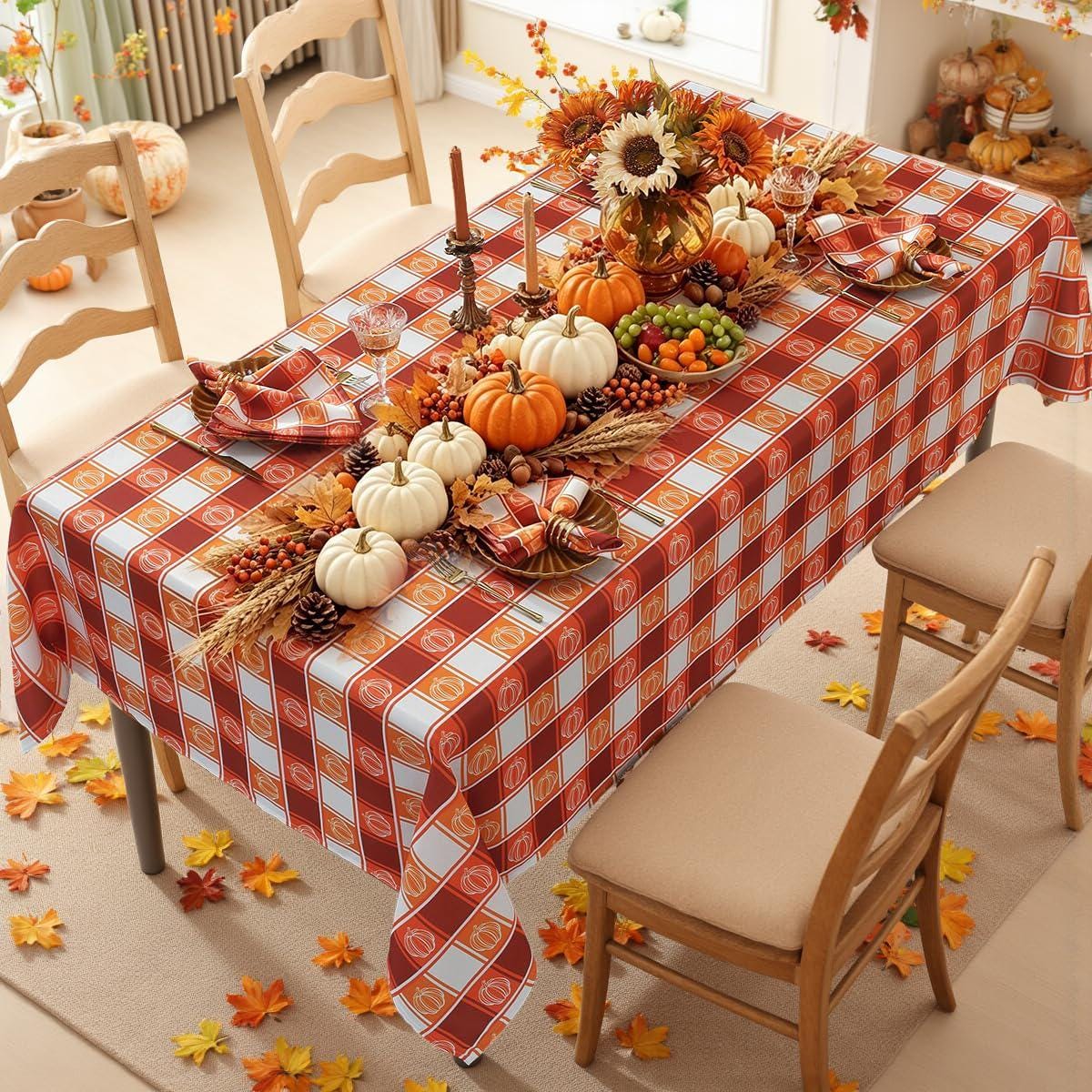 Fall Checkered Tablecloth, Pumpkin Harvest Design, Washable Polyester (52x70 Inch)