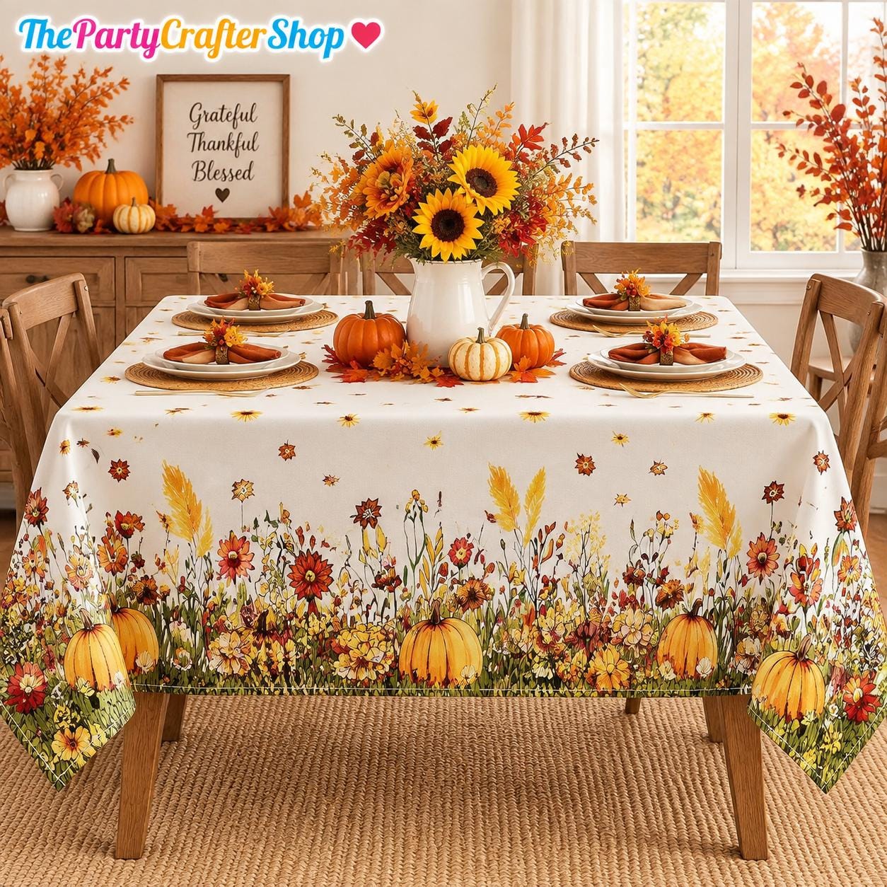 Fall Wildflower Pumpkin Tablecloth, Washable Autumn Party Decor (60x84 Inch)