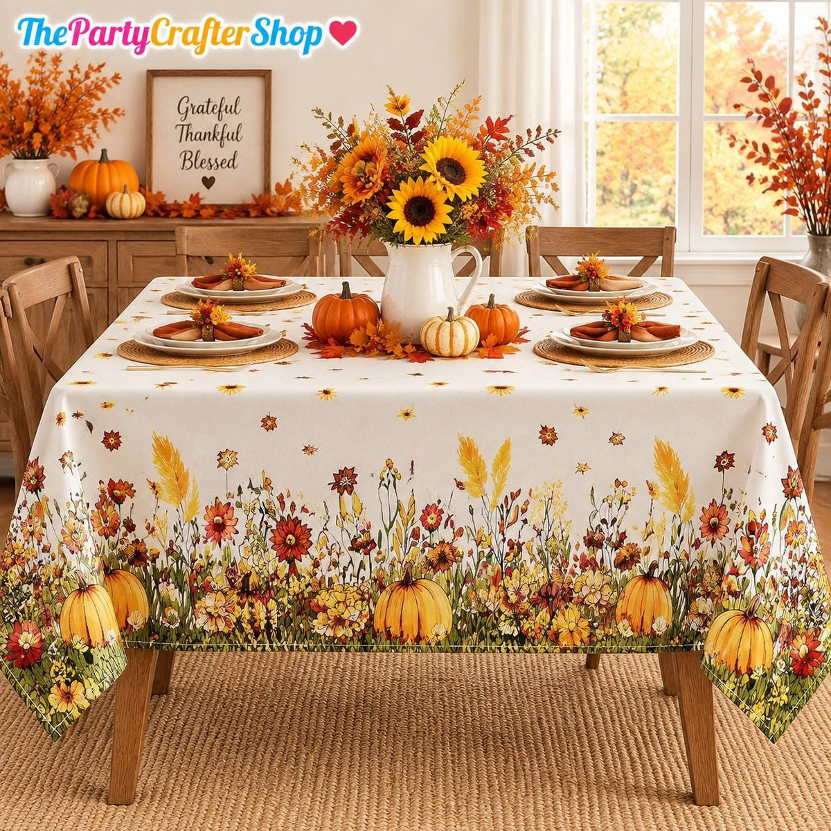 Fall Wildflower Pumpkin Tablecloth, Washable Autumn Party Decor (60x84 Inch)