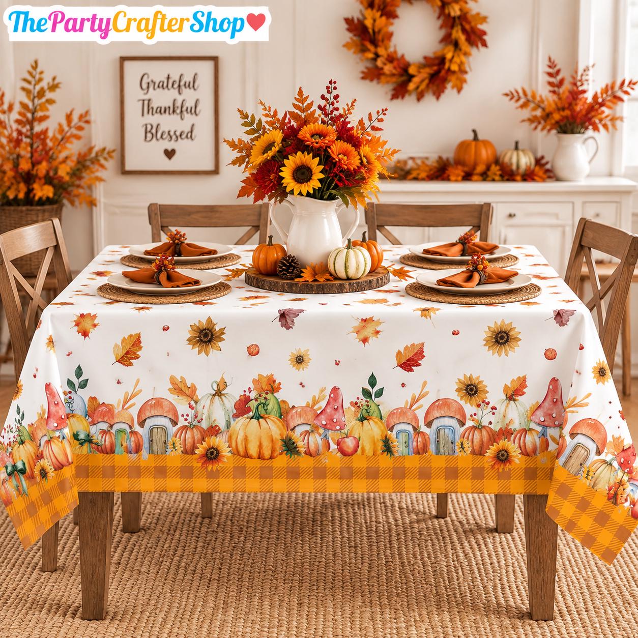3pc Watercolor Fall Tablecloth Set, Pumpkin Sunflower Mushroom Gingham Border (54x108 Inch)