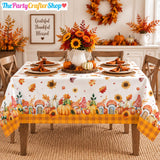 3pc Watercolor Fall Tablecloth Set, Pumpkin Sunflower Mushroom Gingham Border (54x108 Inch)