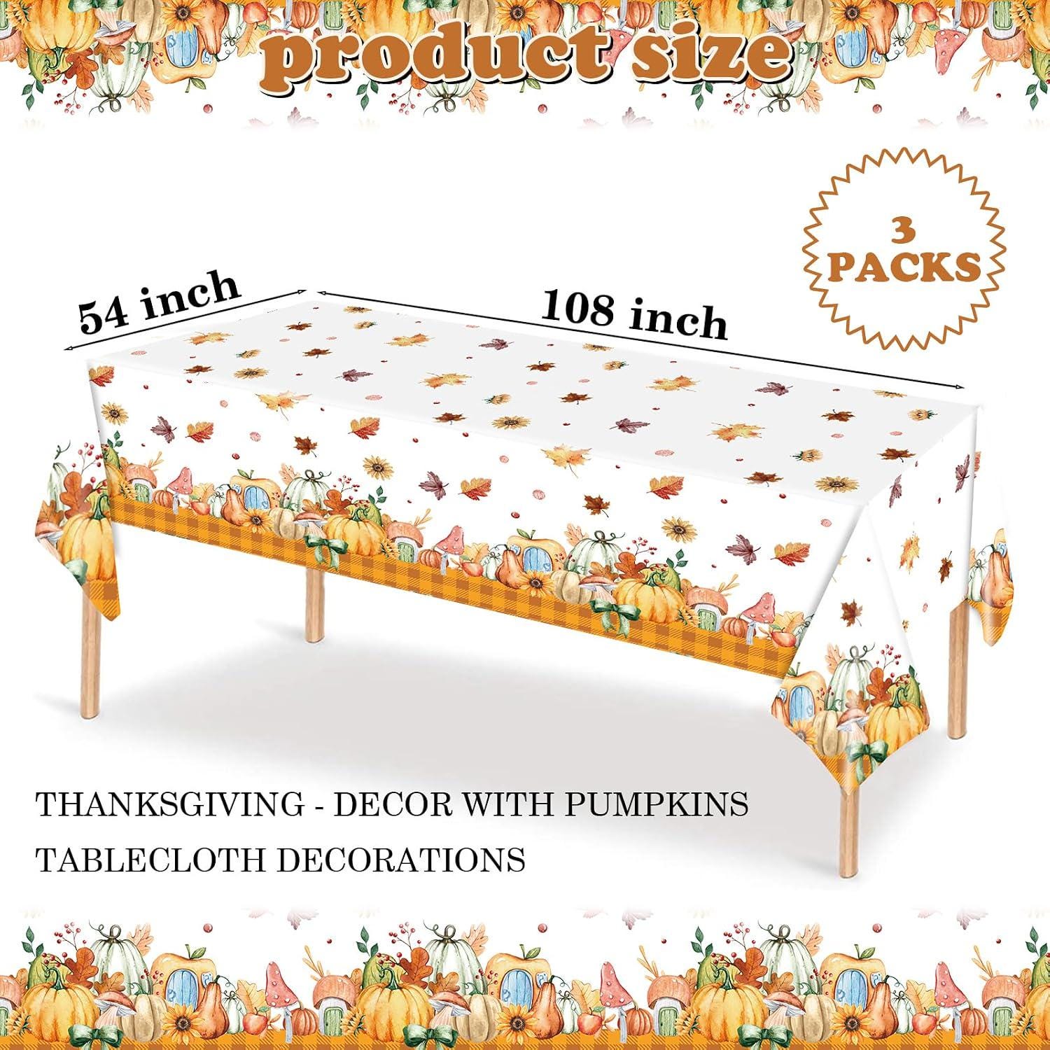 3pc Watercolor Fall Tablecloth Set, Pumpkin Sunflower Mushroom Gingham Border (54x108 Inch)