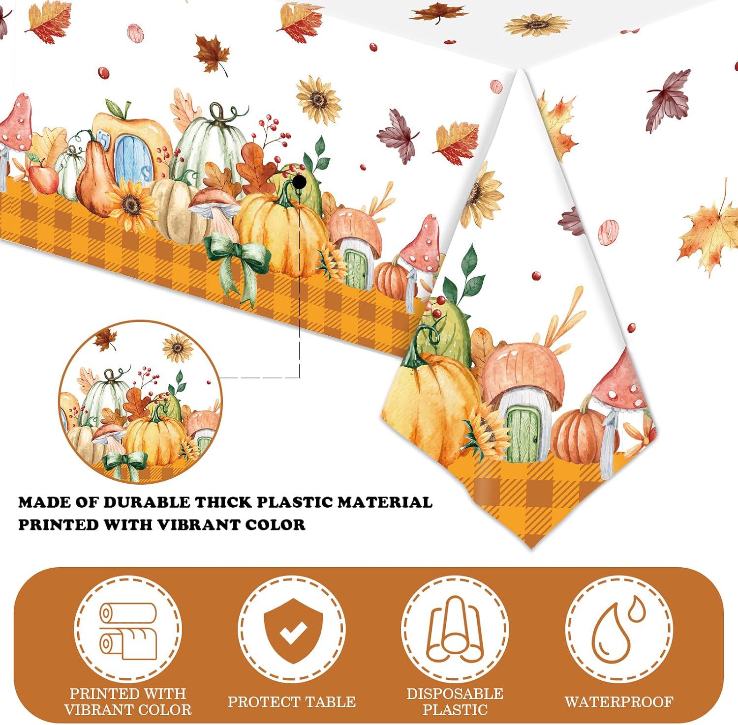 3pc Watercolor Fall Tablecloth Set, Pumpkin Sunflower Mushroom Gingham Border (54x108 Inch)