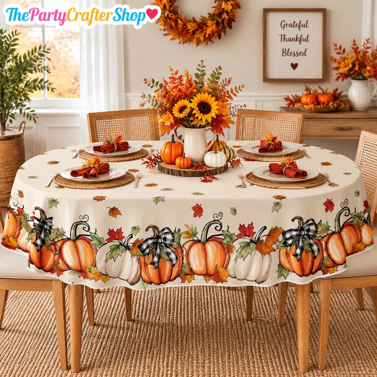 Fall Pumpkin Tablecloth, Maple Leaf Bow, Washable Polyester (60x84 Inch)