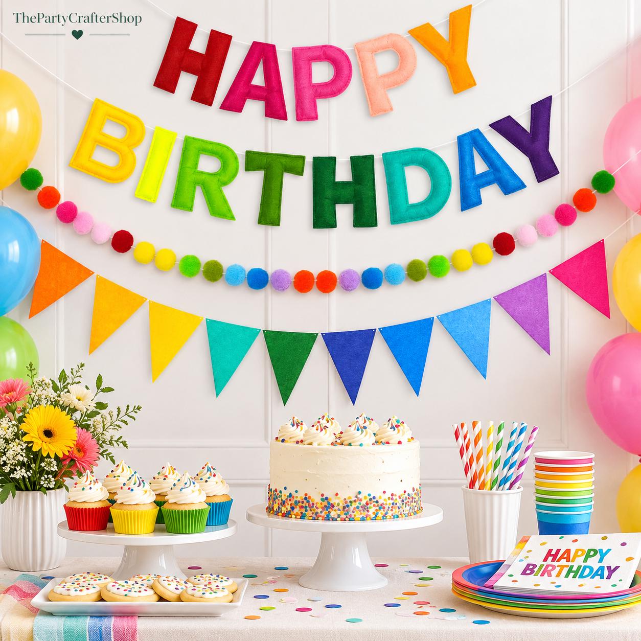 3D Felt Birthday Banner, Rainbow Pom Pom Garland, Reusable Party Decor