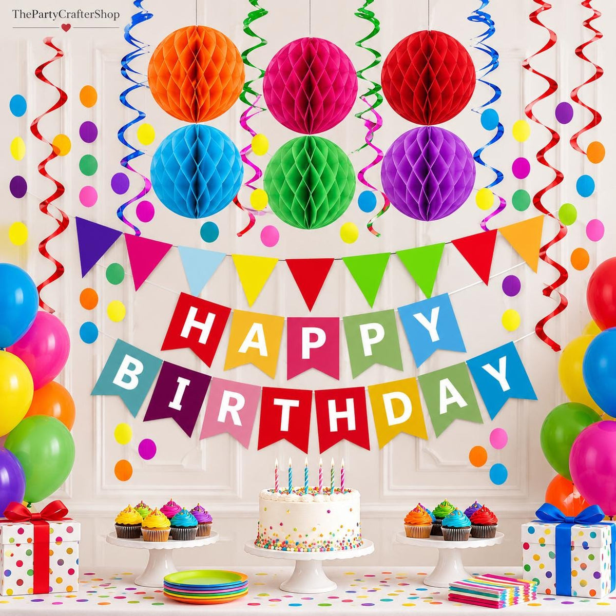 Colorful Birthday Party Decorations Set, Paper Bunting, Honeycomb Balls, Streamers (Eco-Friendly)