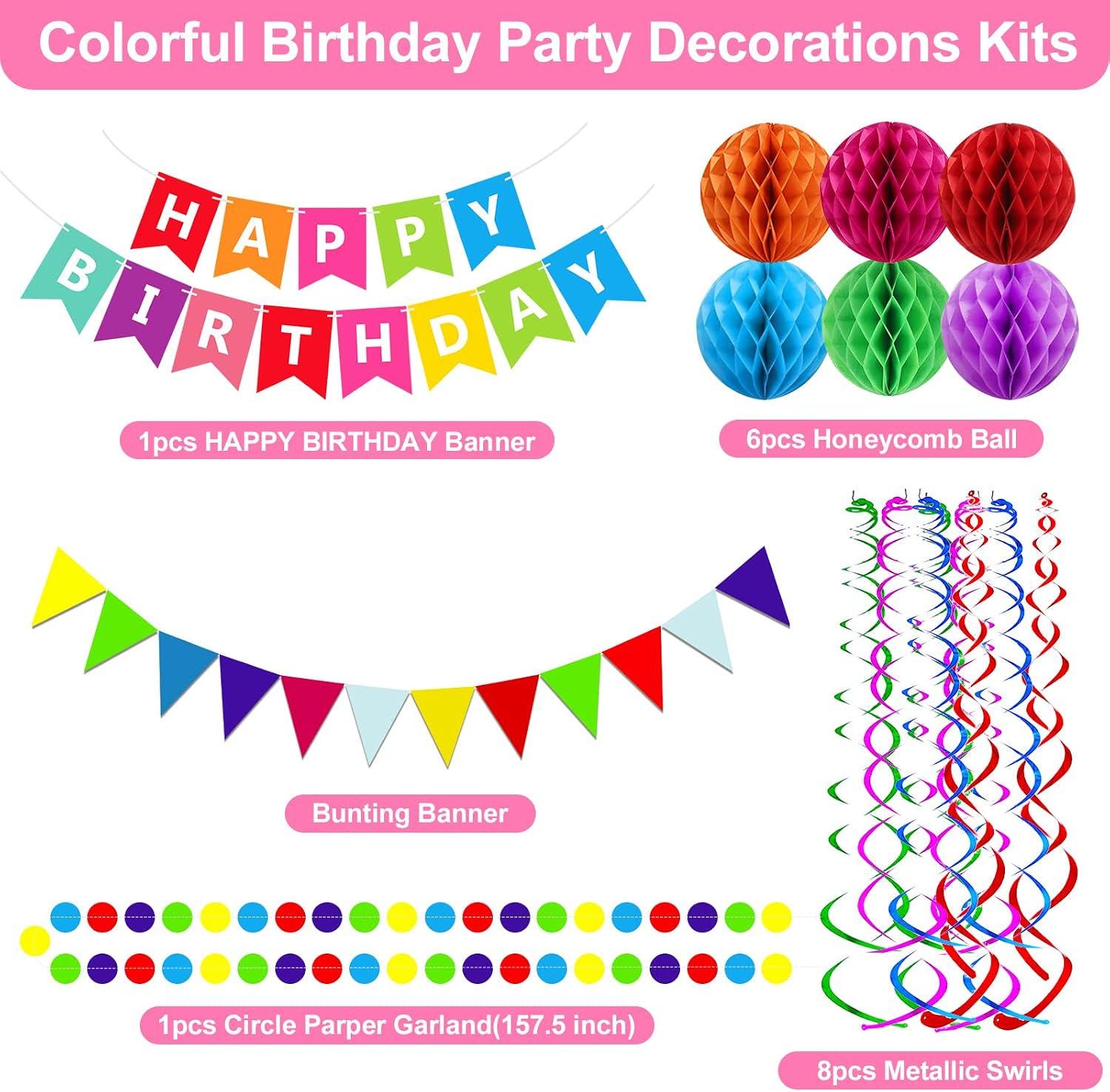 Colorful Birthday Party Decorations Set, Paper Bunting, Honeycomb Balls, Streamers (Eco-Friendly)