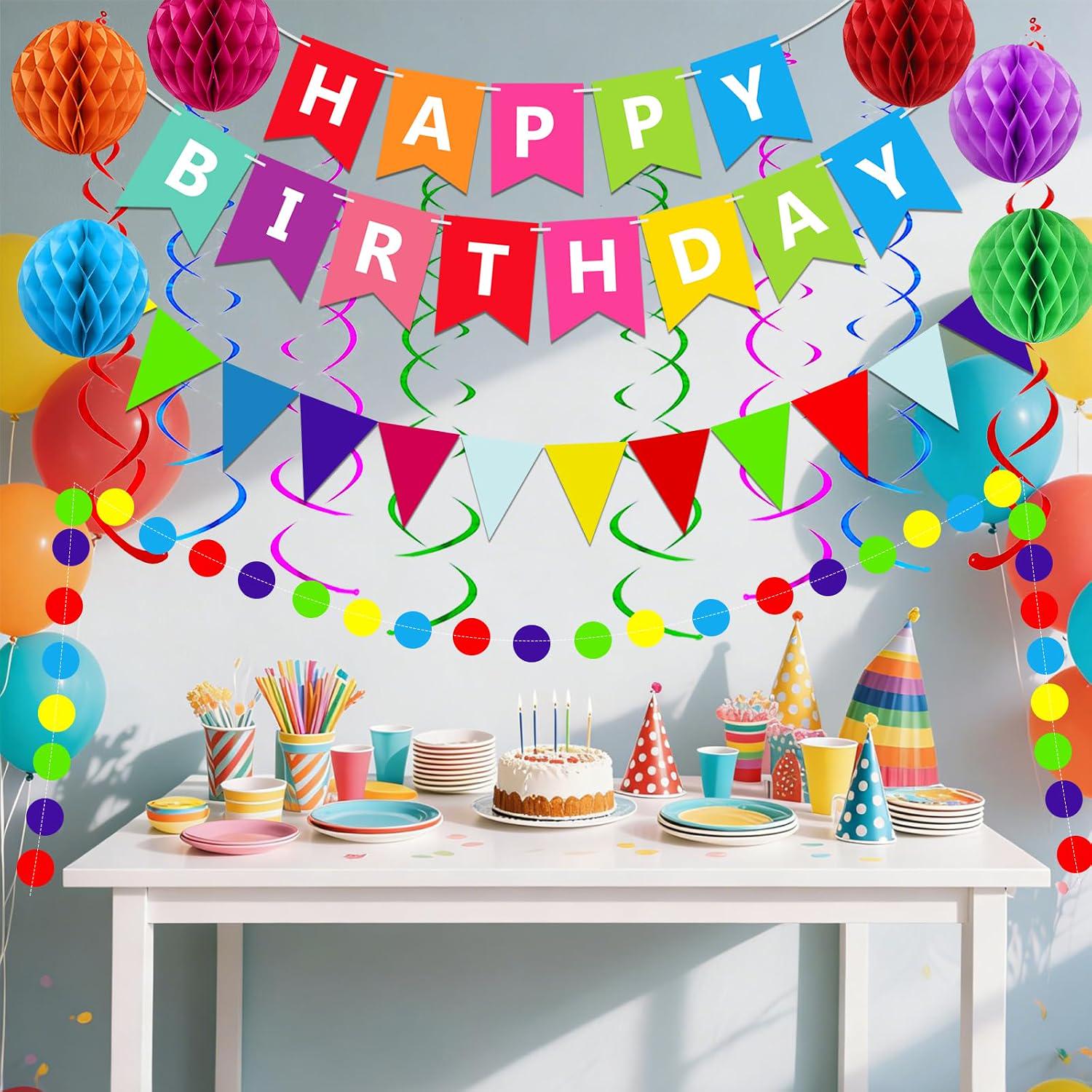Colorful Birthday Party Decorations Set, Paper Bunting, Honeycomb Balls, Streamers (Eco-Friendly)