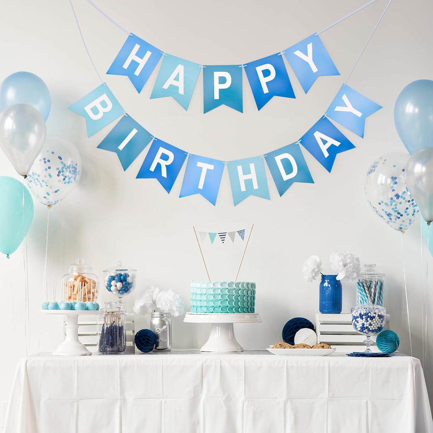 Blue Happy Birthday Banner, Pre-Strung Party Decor, 400 GSM Cardstock