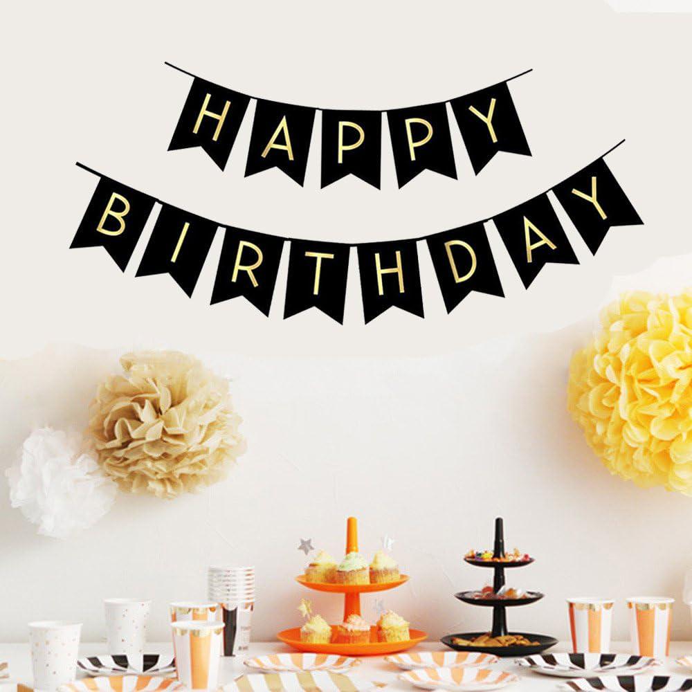 Black Gold Happy Birthday Banner, Shiny Letter Bunting Garland (Eco-Friendly Paper)
