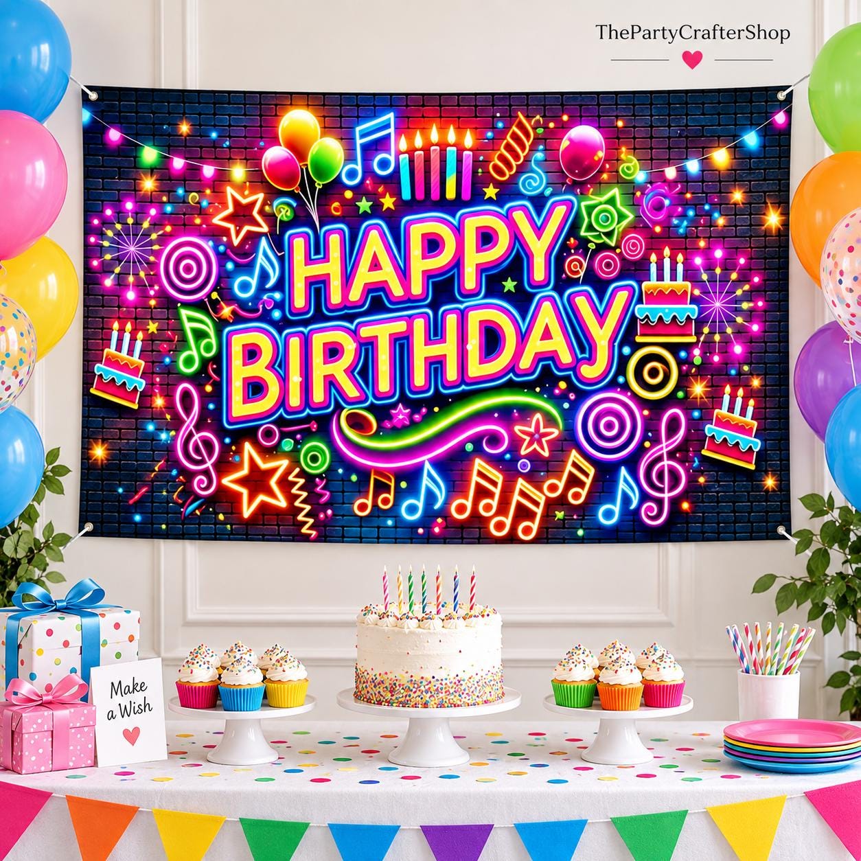 Neon Happy Birthday Banner, 71x43 Inch Party Backdrop, Colorful Decoration