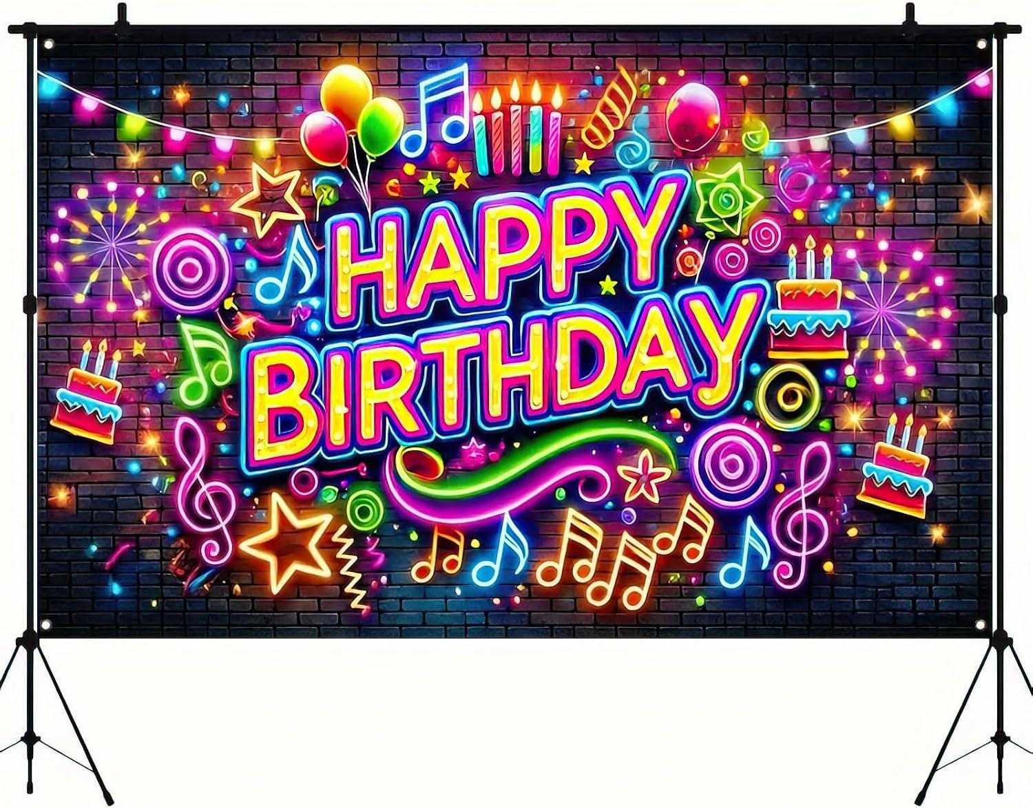 Neon Happy Birthday Banner, 71x43 Inch Party Backdrop, Colorful Decoration