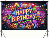 Neon Happy Birthday Banner, 71x43 Inch Party Backdrop, Colorful Decoration