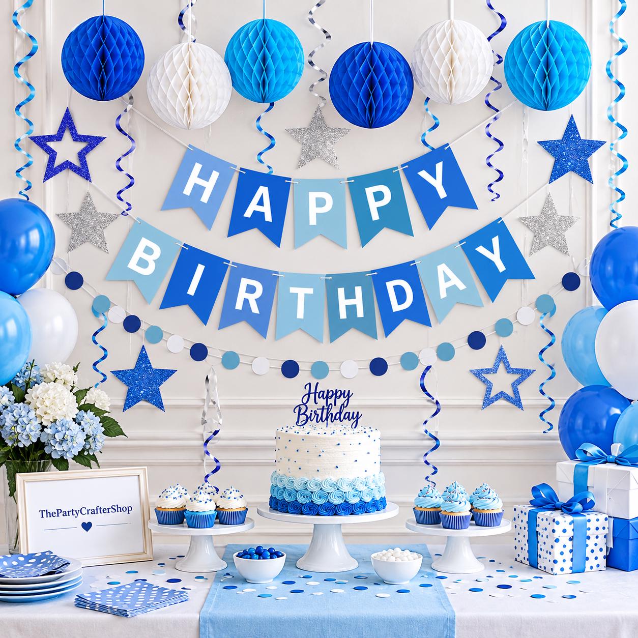 Blue Birthday Party Decorations Set, Banner, Honeycomb Balls, Star Streamers, Dot Garland