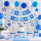 Blue Birthday Party Decorations Set, Banner, Honeycomb Balls, Star Streamers, Dot Garland