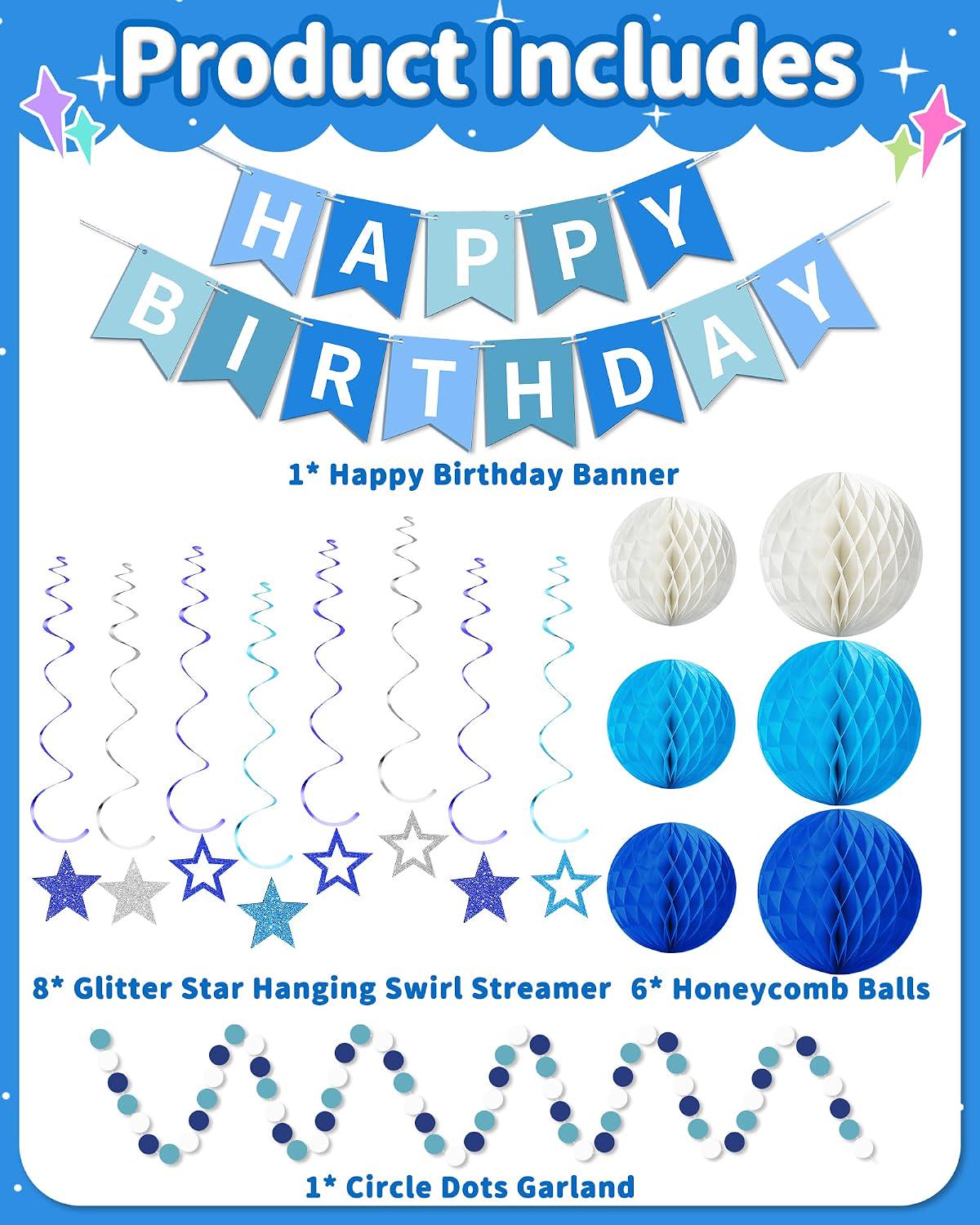 Blue Birthday Party Decorations Set, Banner, Honeycomb Balls, Star Streamers, Dot Garland