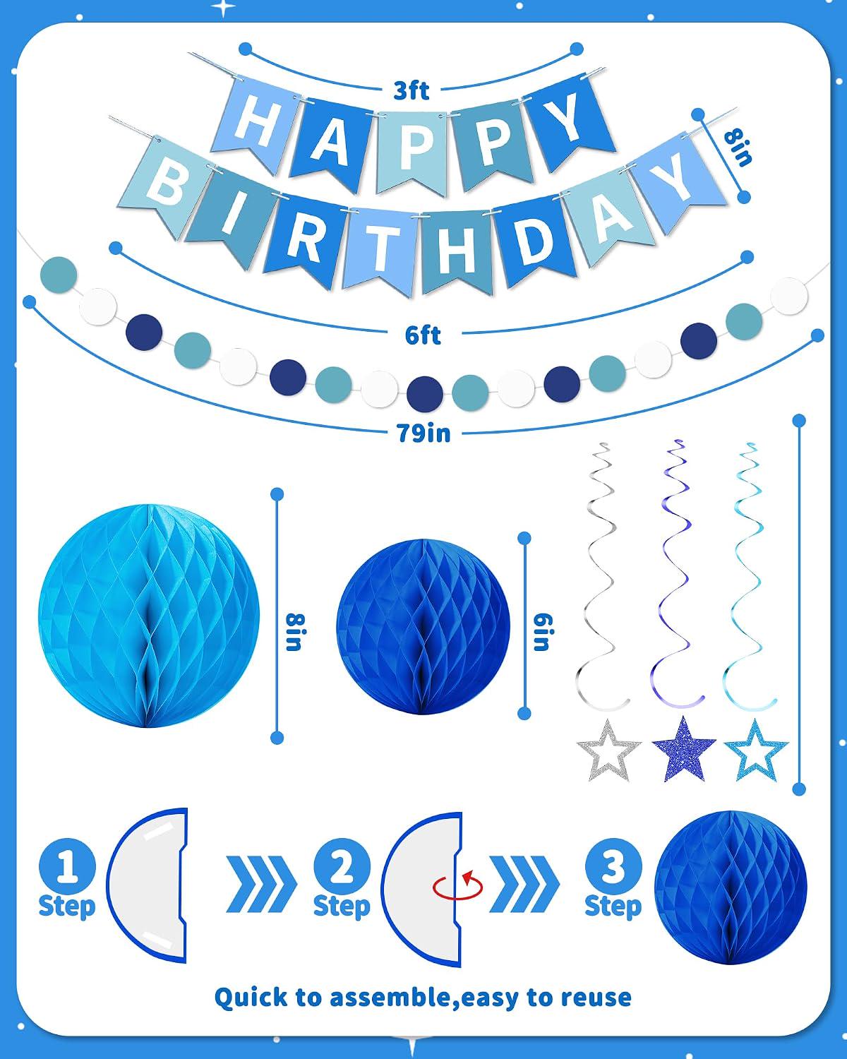 Blue Birthday Party Decorations Set, Banner, Honeycomb Balls, Star Streamers, Dot Garland