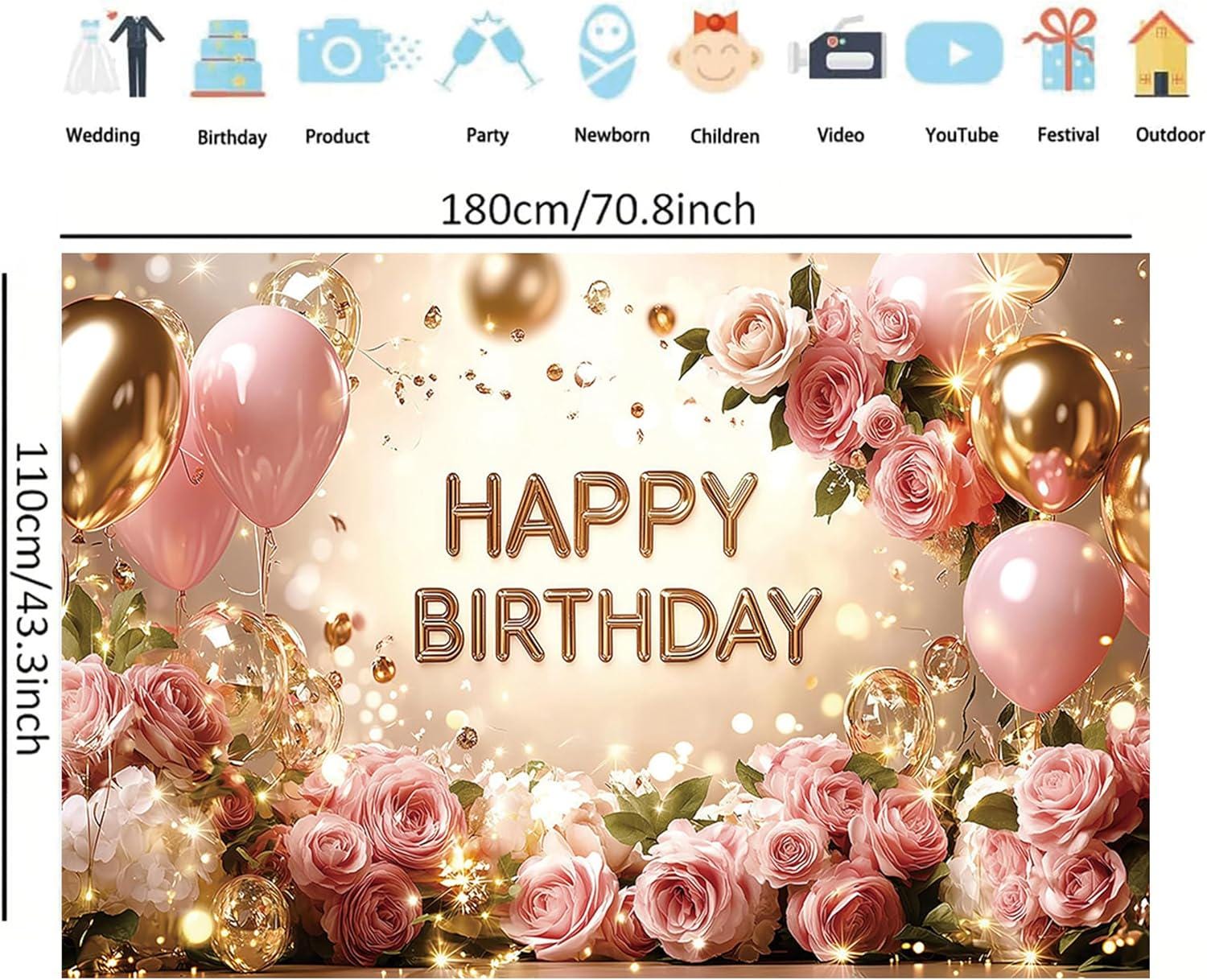Happy Birthday Backdrop Banner, Floral Rose Gold Photo Booth (71x43 Inch)