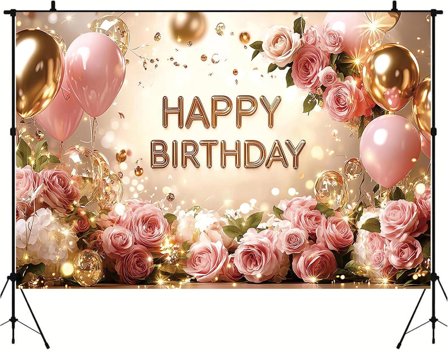 Happy Birthday Backdrop Banner, Floral Rose Gold Photo Booth (71x43 Inch)