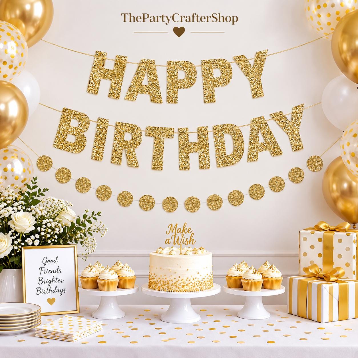 Gold Glitter Happy Birthday Banner, Circle Dot Garland, Party Decorations
