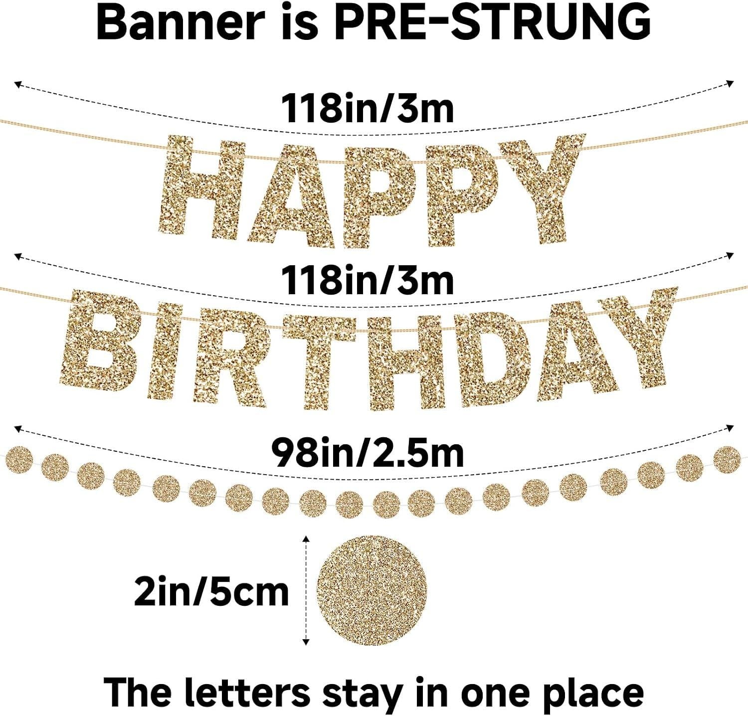 Gold Glitter Happy Birthday Banner, Circle Dot Garland, Party Decorations