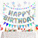 Iridescent Happy Birthday Banner, Holographic Streamers, Polka Dot Garland (Pre-Strung)