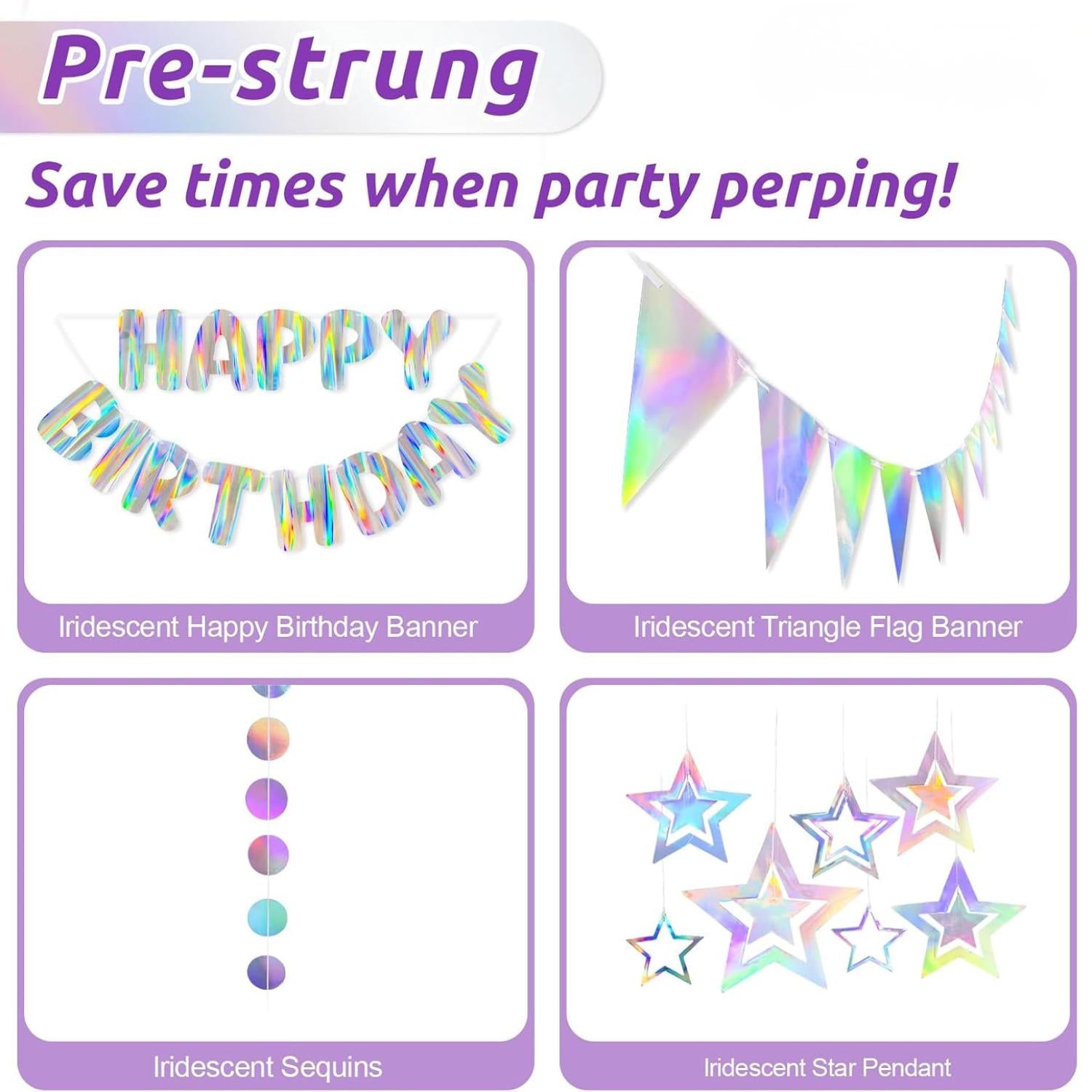 Iridescent Happy Birthday Banner, Holographic Streamers, Polka Dot Garland (Pre-Strung)