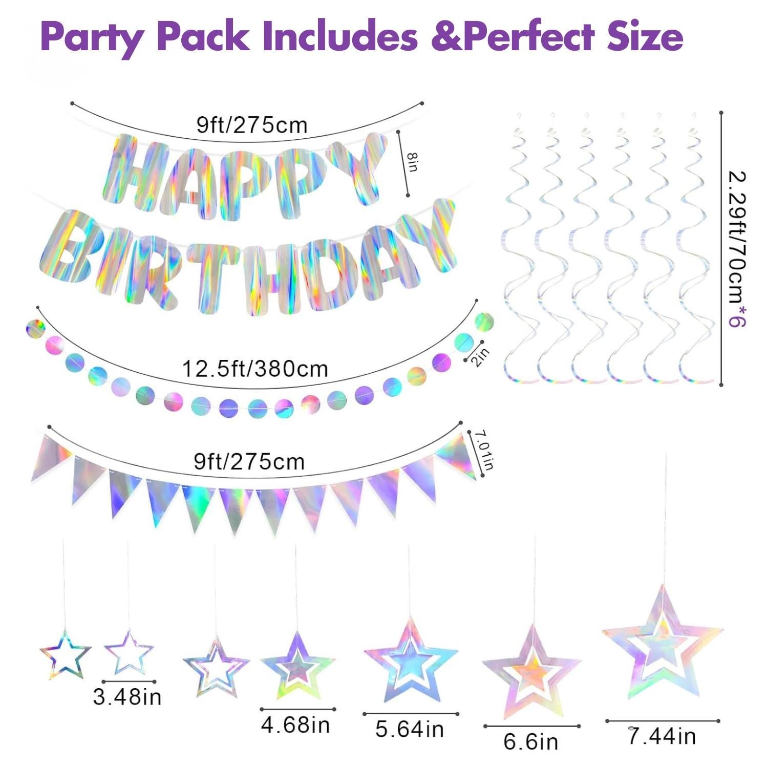 Iridescent Happy Birthday Banner, Holographic Streamers, Polka Dot Garland (Pre-Strung)