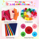 Rainbow Felt Birthday Banner Set, 3D Pom Poms, Pennants, Fans (Reusable)