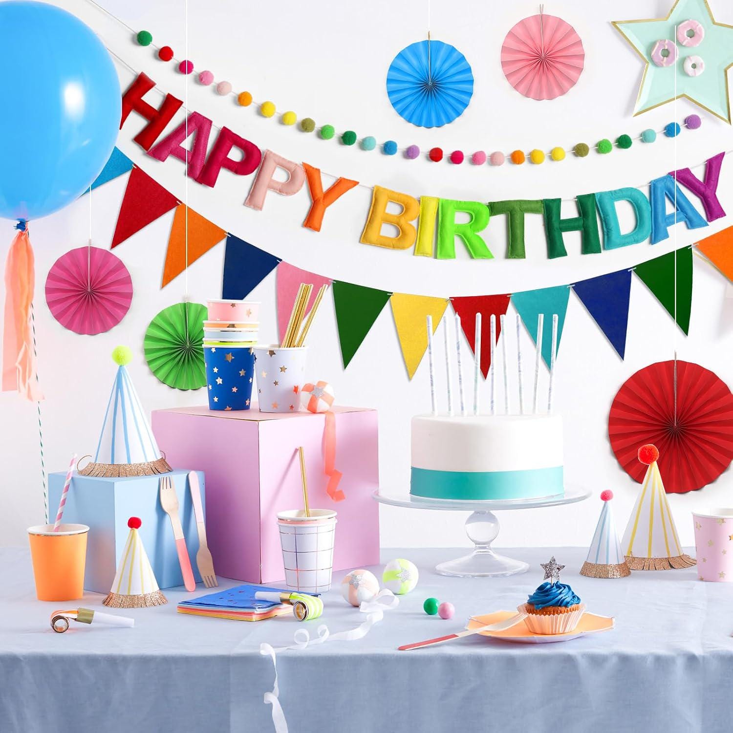 Rainbow Felt Birthday Banner Set, 3D Pom Poms, Pennants, Fans (Reusable)