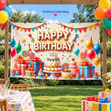 Colorful Cake Balloon Birthday Backdrop, Polyester Party Banner (71x43 Inch)
