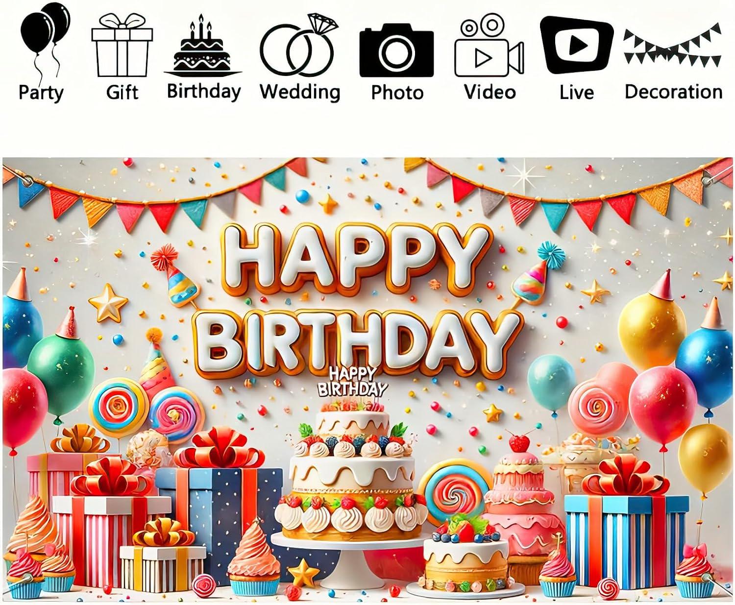 Colorful Cake Balloon Birthday Backdrop, Polyester Party Banner (71x43 Inch)