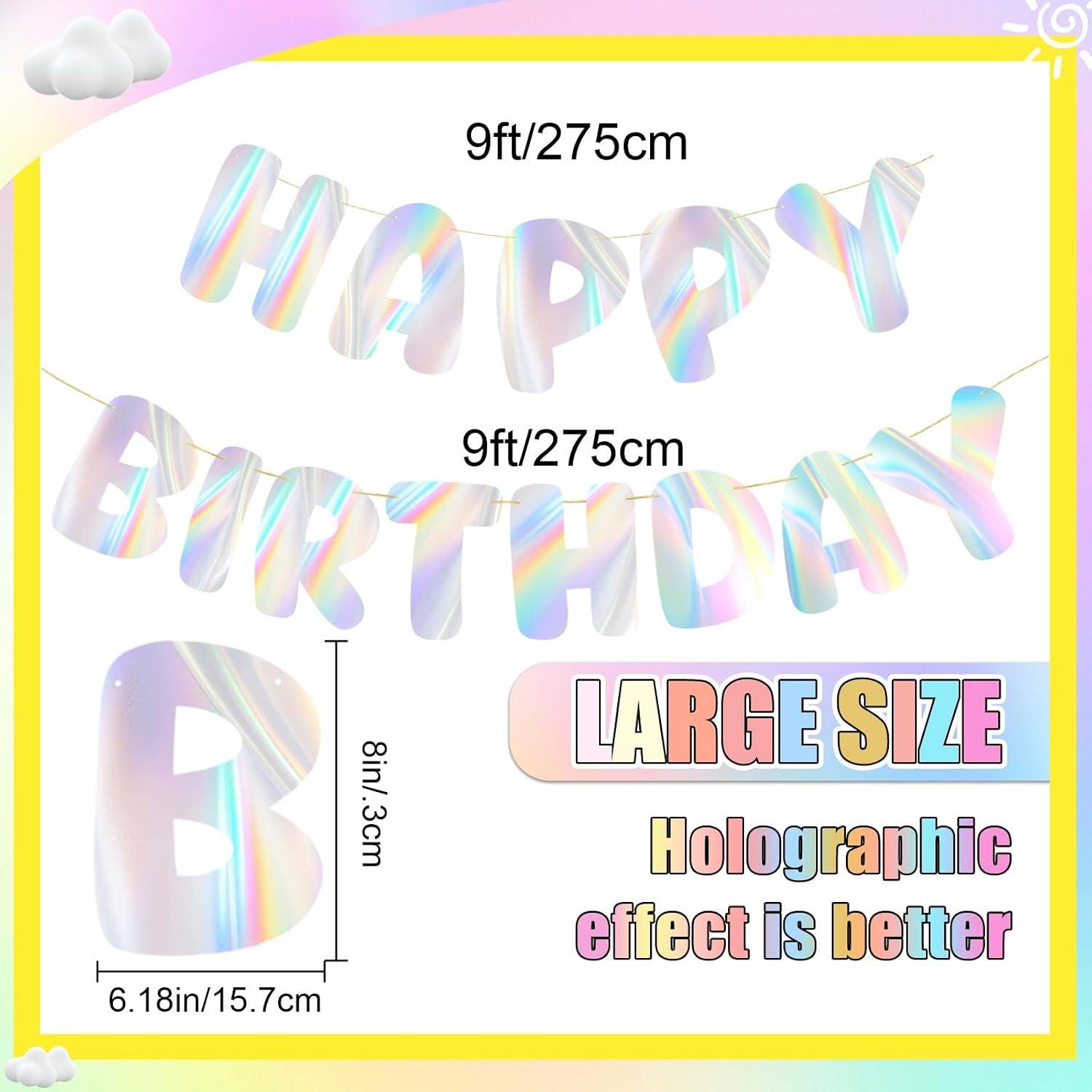 Holographic Happy Birthday Banner, 9FT Rainbow Garland, Y2K Party Decor