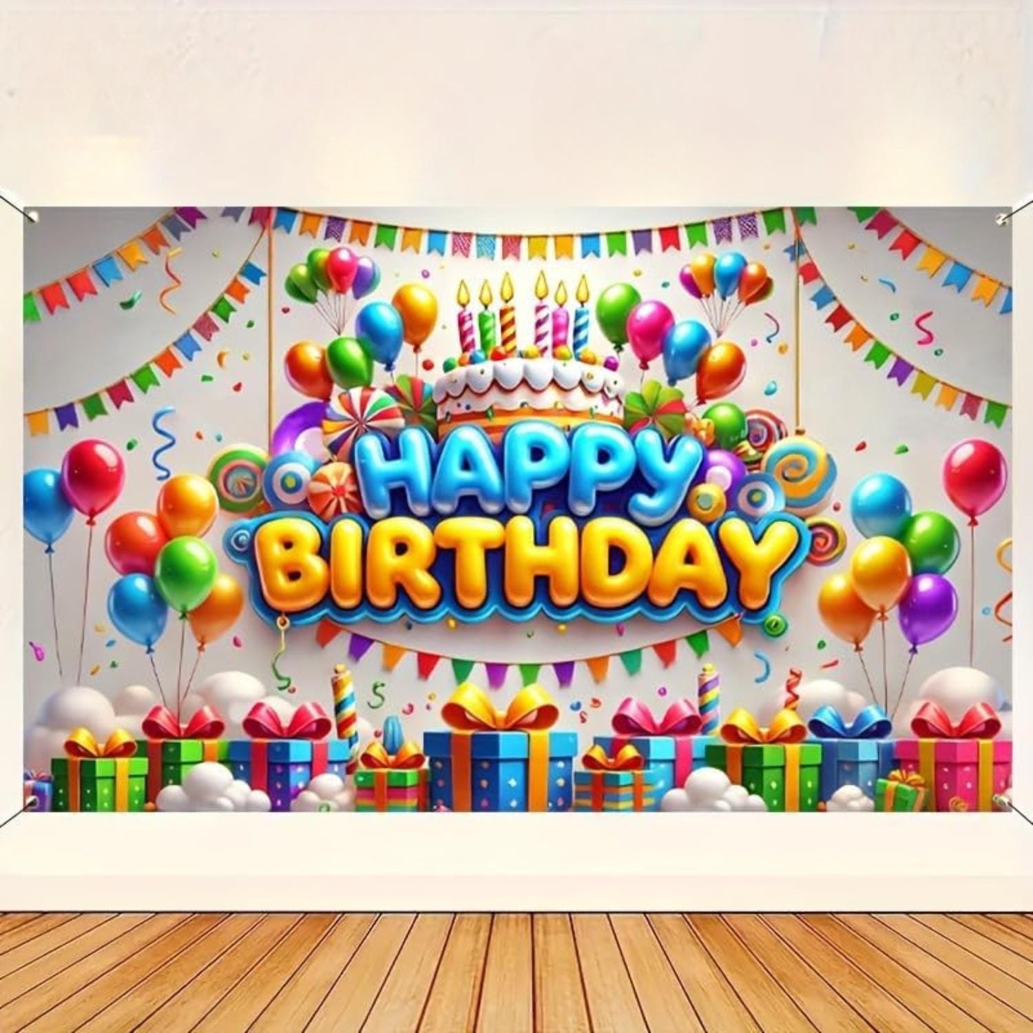 Rainbow Happy Birthday Banner, 71x43 Inch Party Backdrop, Balloon Cake Decorations