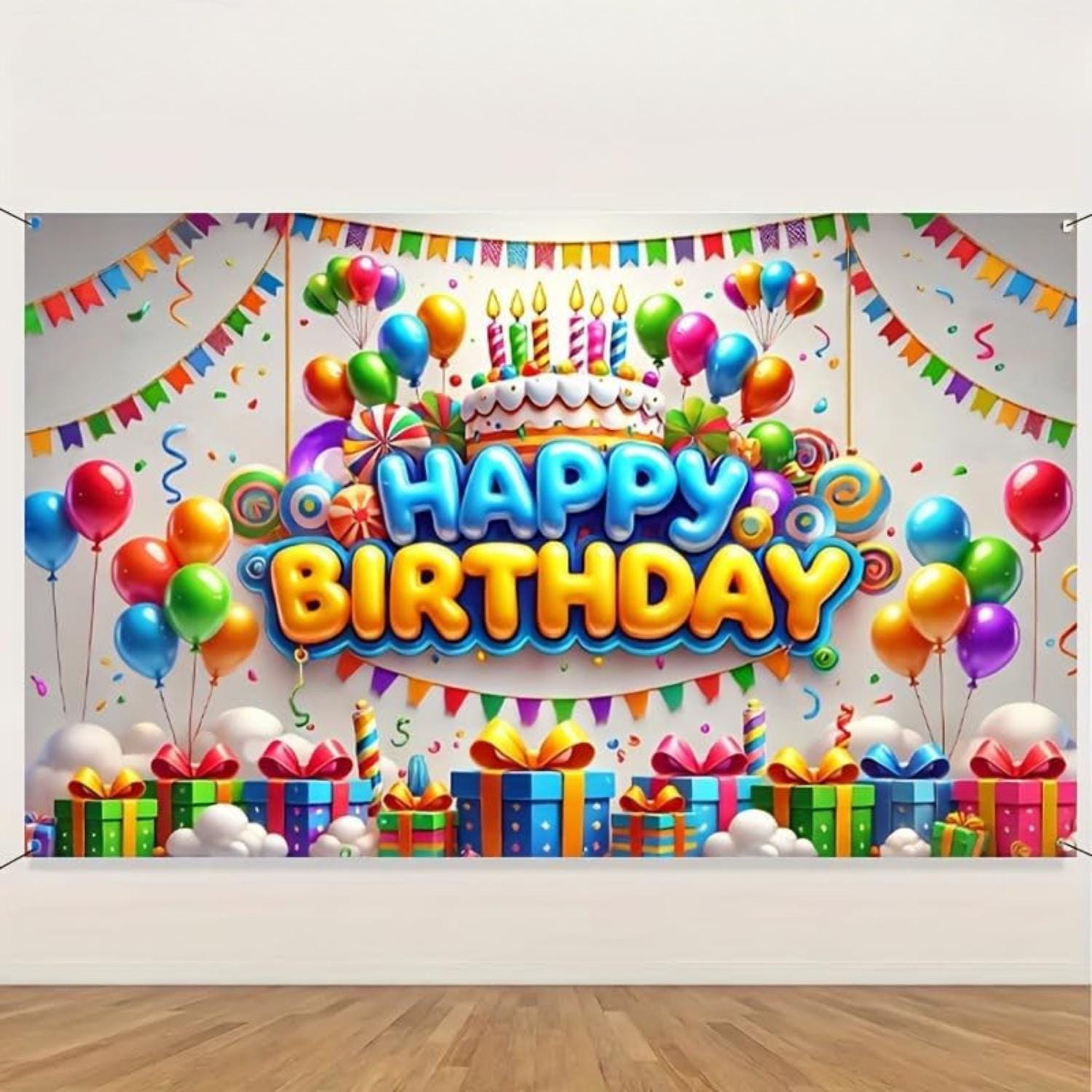 Rainbow Happy Birthday Banner, 71x43 Inch Party Backdrop, Balloon Cake Decorations