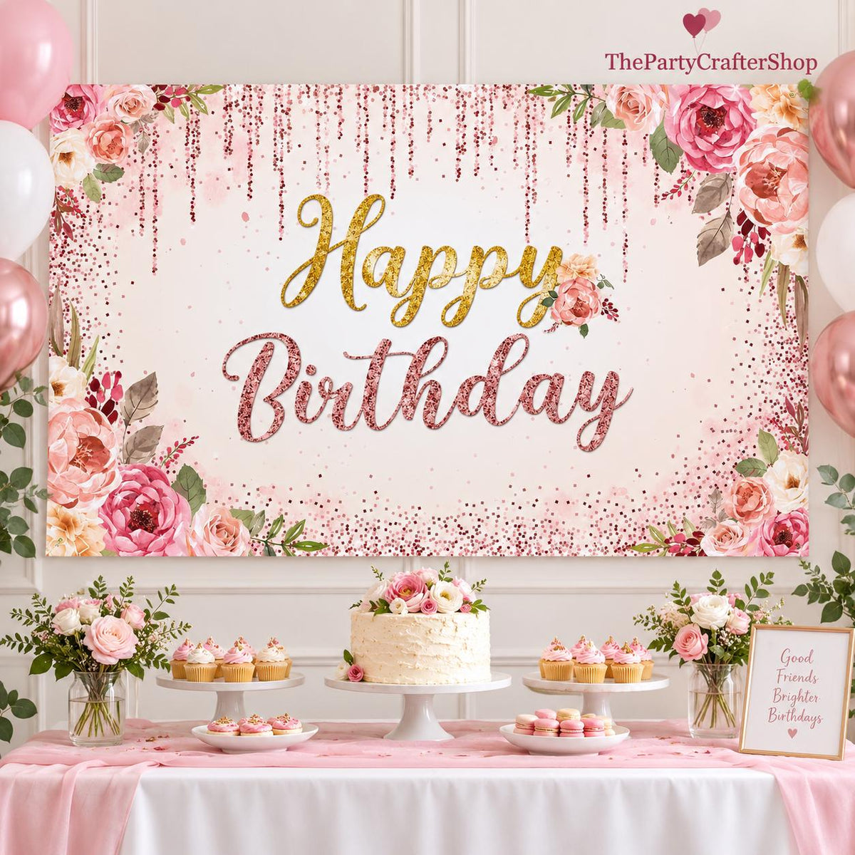 Rose Gold Floral Birthday Backdrop, Glitter Party Banner, Photo Booth Decor