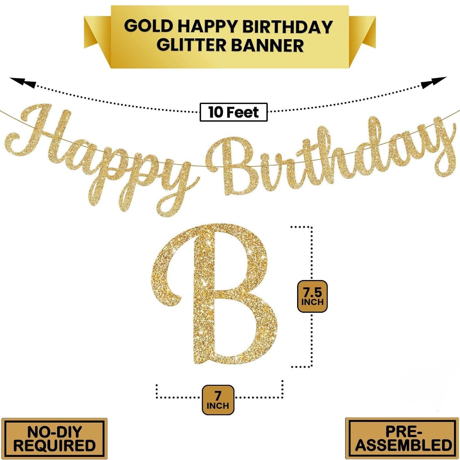 10FT Gold Glitter Happy Birthday Banner, Cursive Party Decor (Pre-Strung)