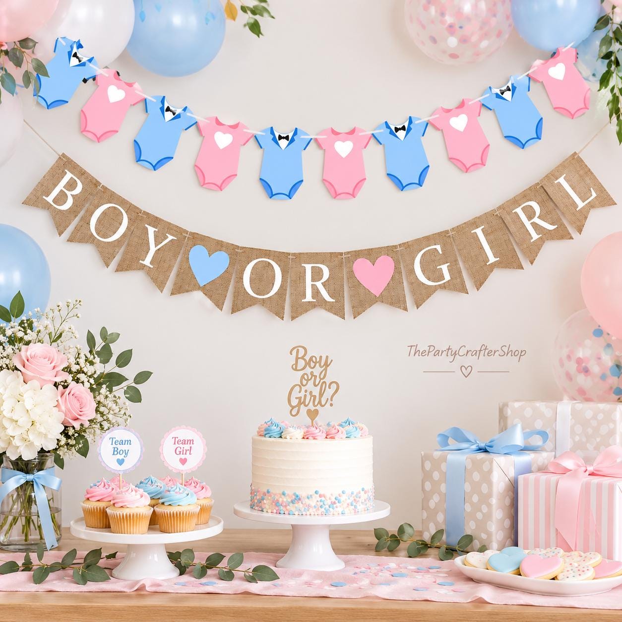 Burlap Baby Shower Banner Set, Pink Blue Bodysuit Garland, Gender Reveal Decor