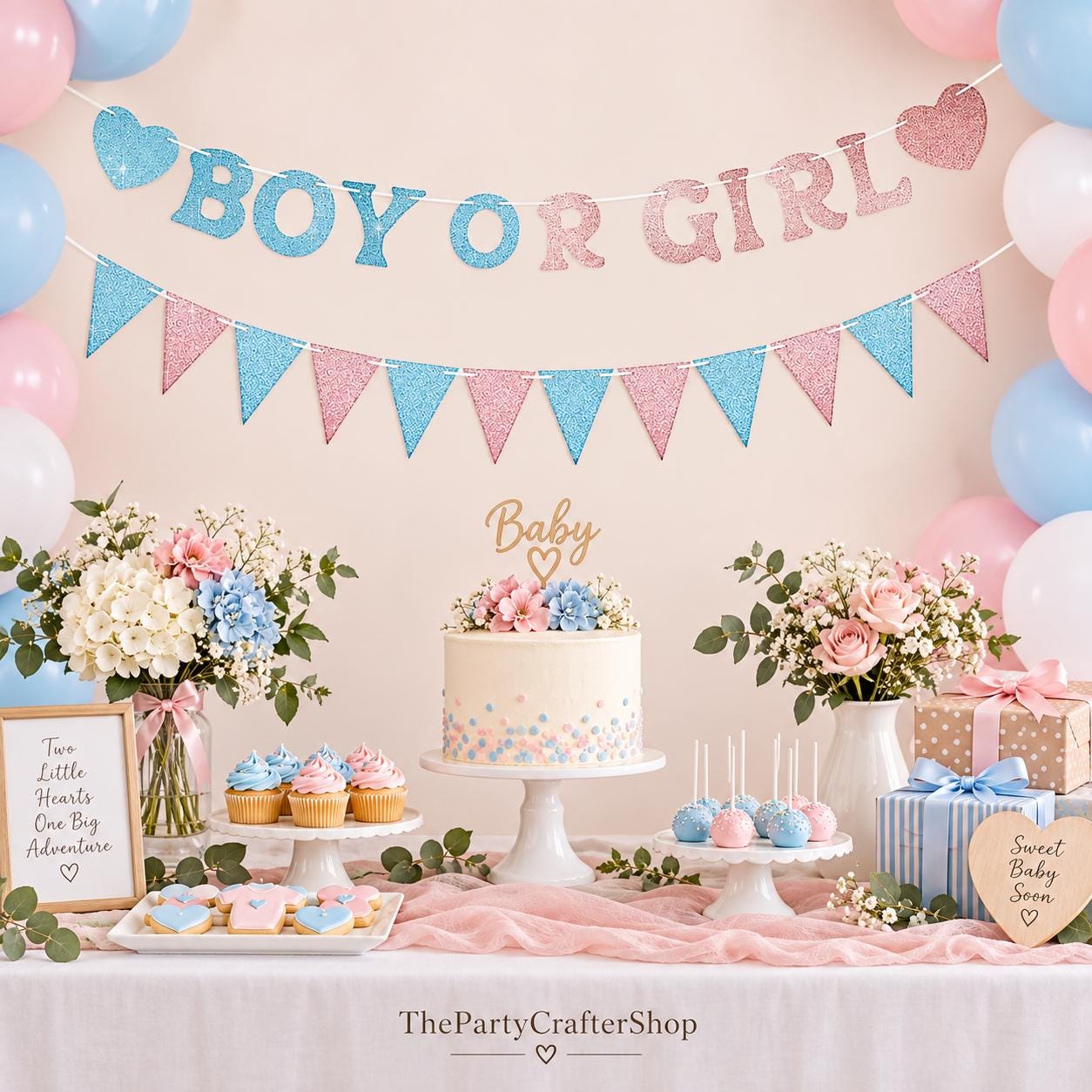 Glitter Boy or Girl Gender Reveal Banner, Pre-Strung Baby Shower Decor