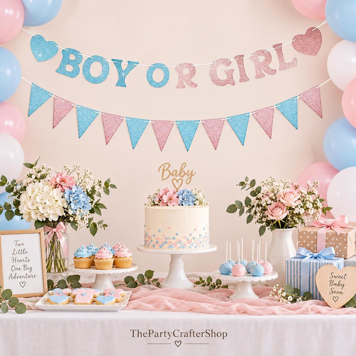 Glitter Boy or Girl Gender Reveal Banner, Pre-Strung Baby Shower Decor