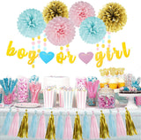 Gender Reveal Party Set, Blue Pink Gold Pom Poms, Tassels, Banner, Streamers (23pc)