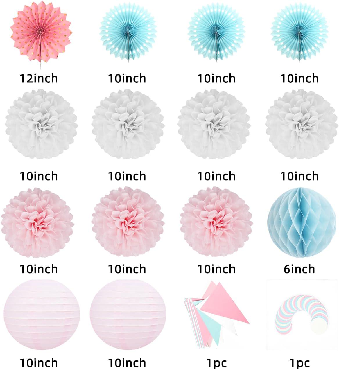 Gender Reveal Party Decorations, Pink Blue White Tissue Pom Poms, Paper Fans, Garland (13ft)