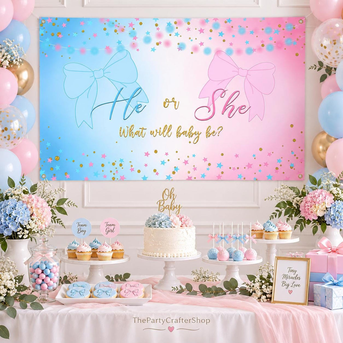 Gender Reveal Banner, Coquette Bow Backdrop, Blue Pink Party Decor (6x3.6FT)