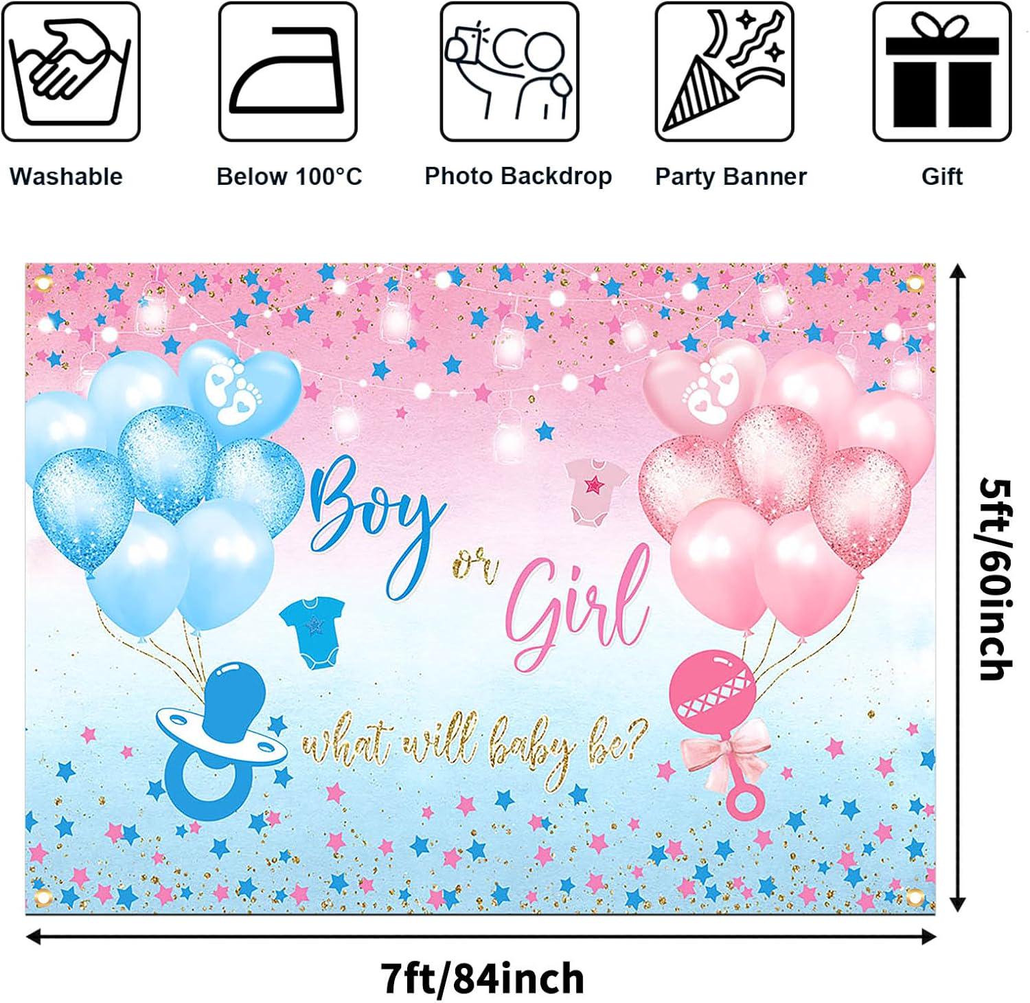 Boy or Girl Gender Reveal Banner, Blue Pink Stars, Balloons (82.6x59.1in)