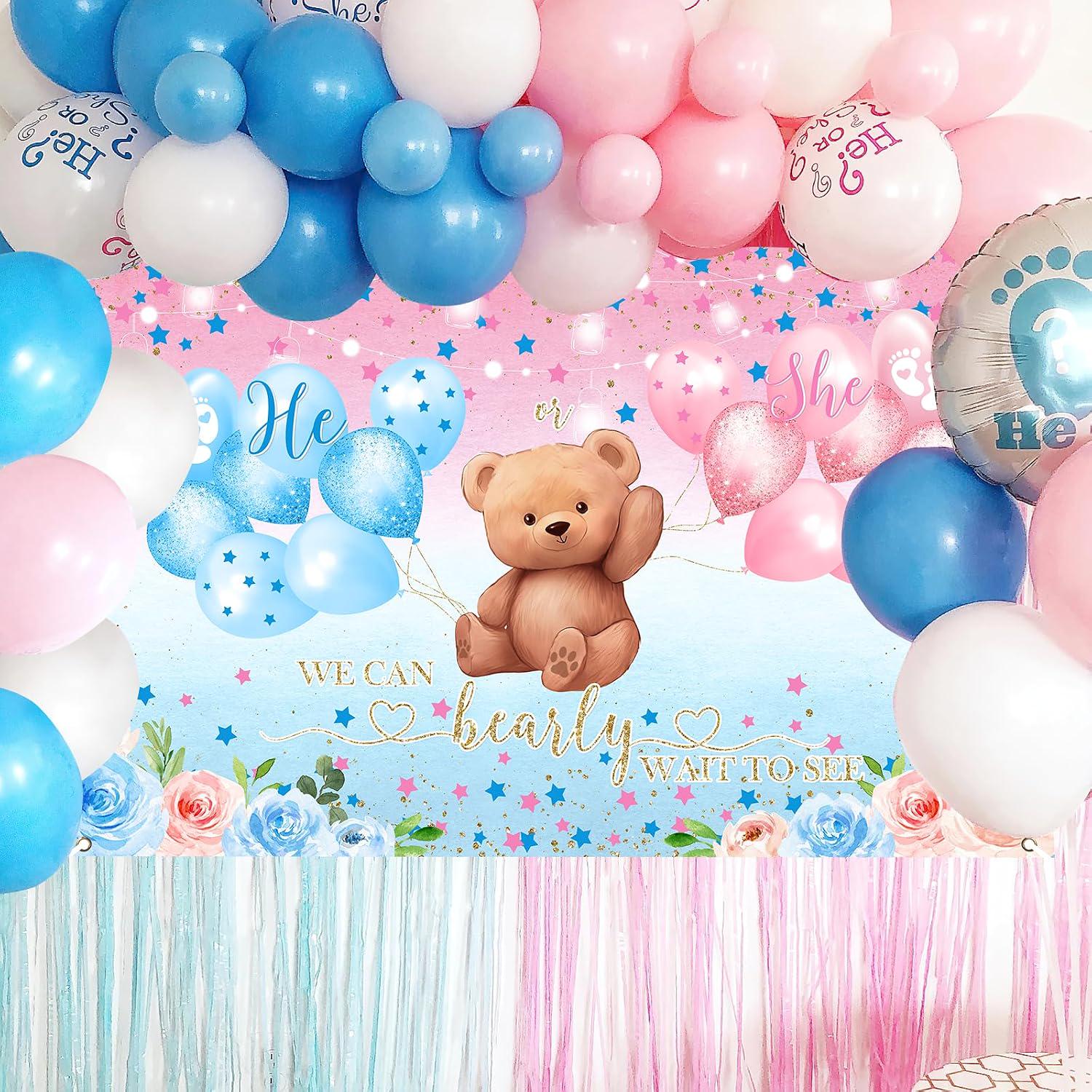 Boy or Girl Gender Reveal Banner, Blue Pink Stars, Balloons (82.6x59.1in)