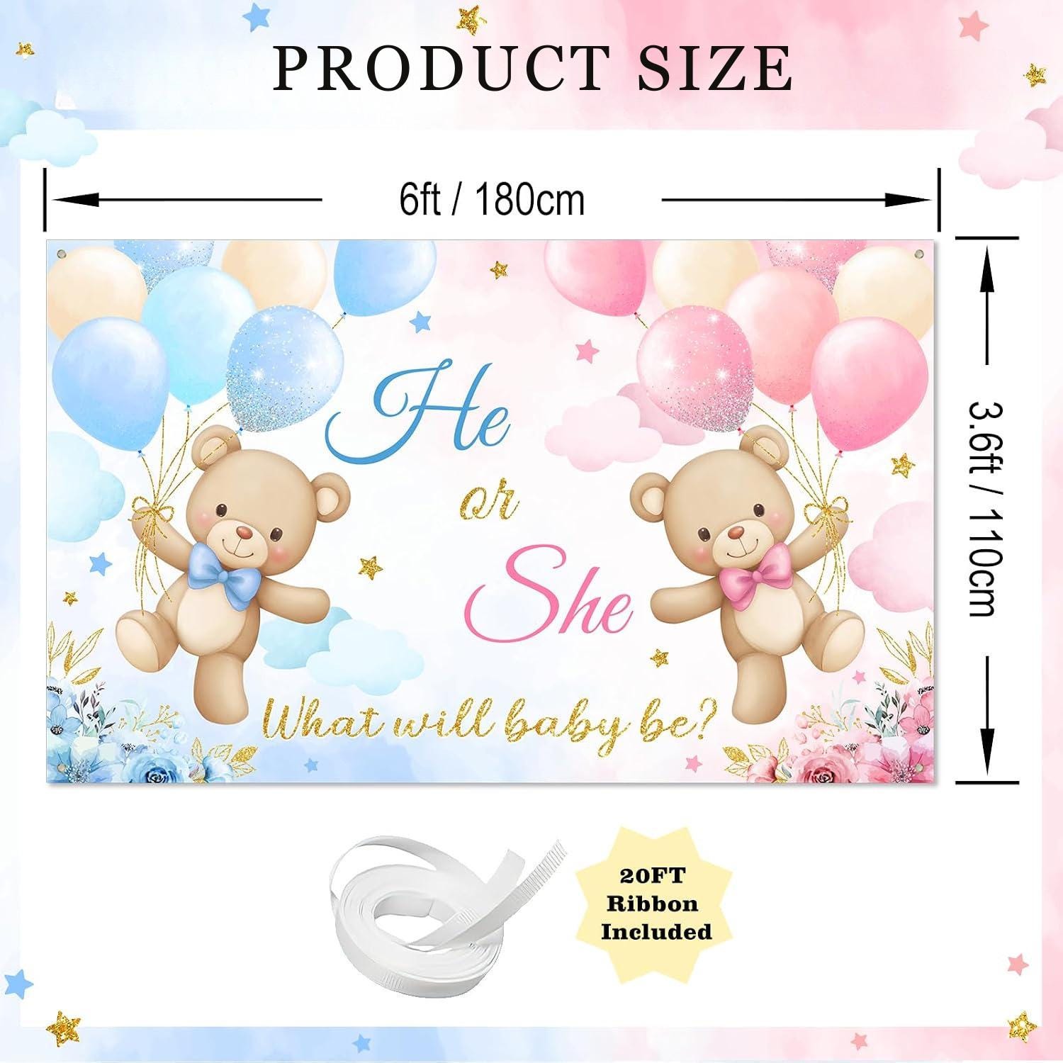 Teddy Bear Gender Reveal Banner, Pink Blue Baby Shower Backdrop (6x3.6FT)