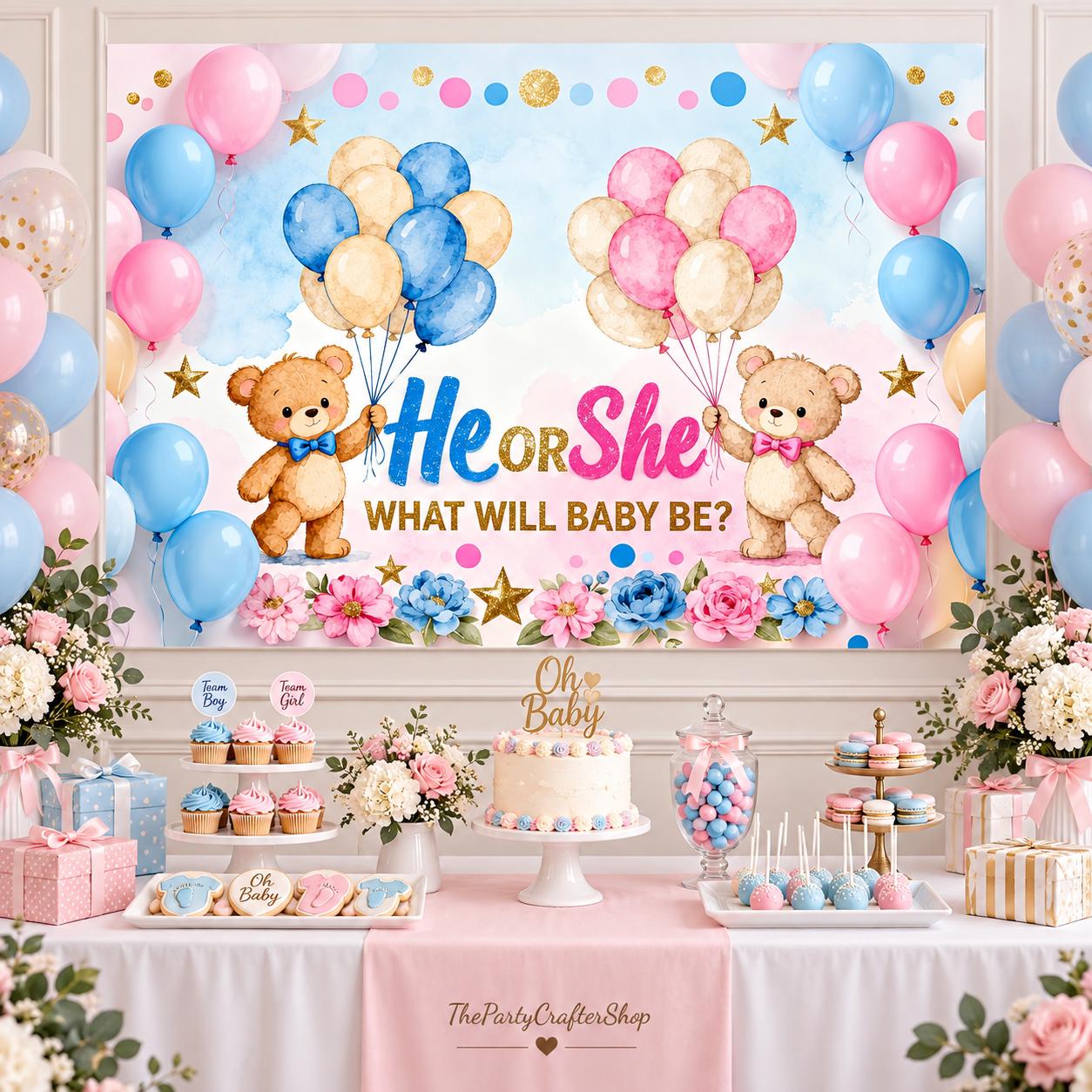 Bear Gender Reveal Backdrop, 7x5FT Baby Shower Photo Prop (Pink Blue Balloons)